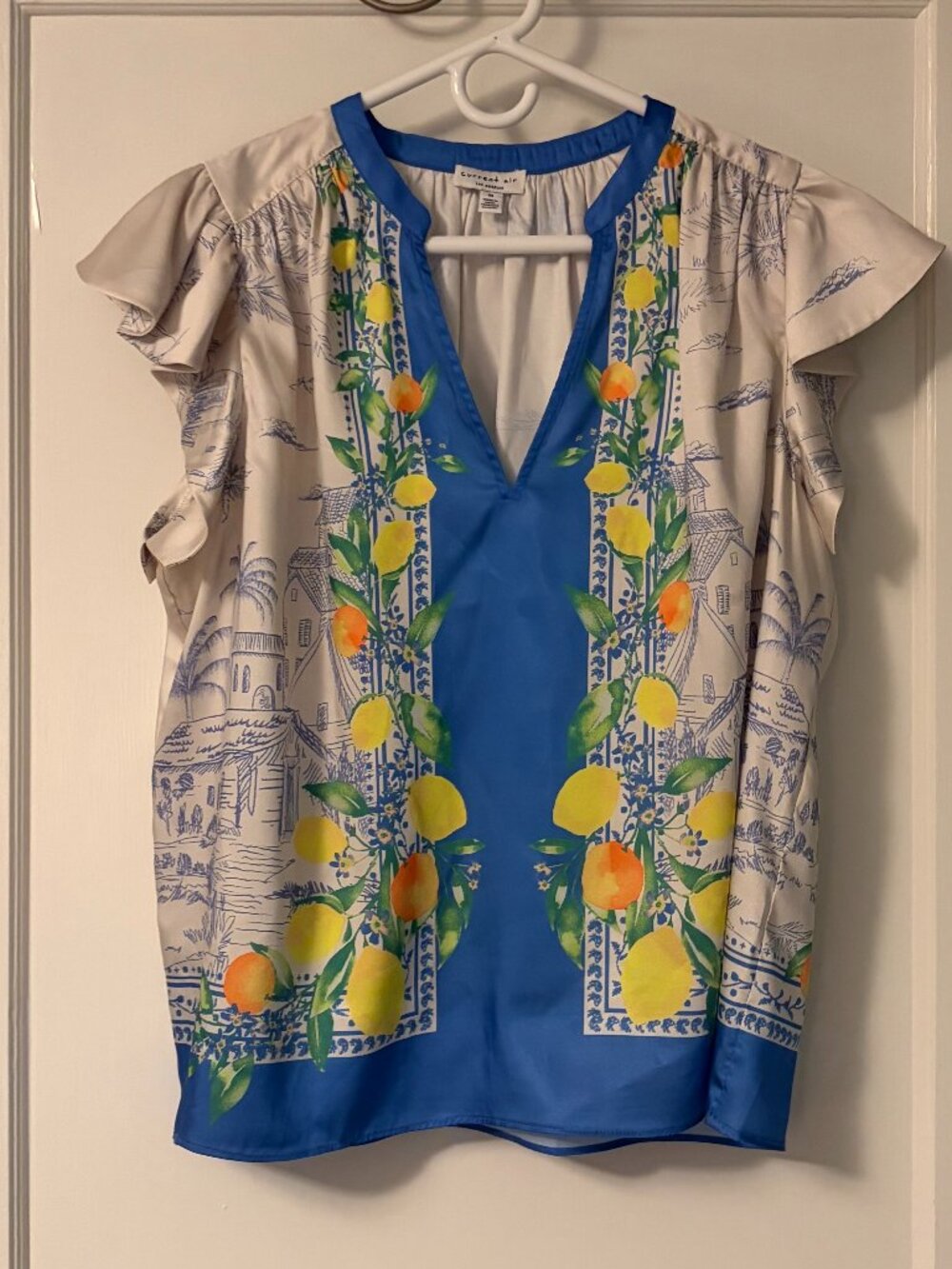 Current air lemon citrus print flutter sleeve blouse size medium boho preppy